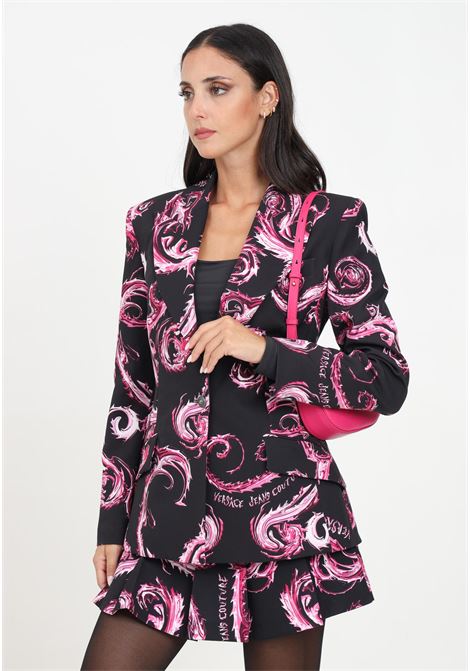 Giacca monopetto nera da donna con stampa Chromo Couture fucsia VERSACE JEANS COUTURE | 77HAQ702NS515QY2